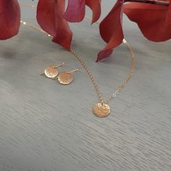 gold filled hammered disc necklace and earrings jewellery set